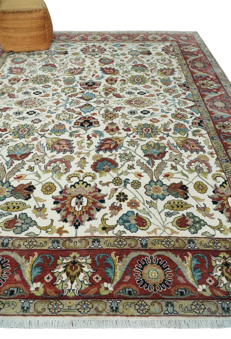 Fine Knots Ivory and Brown 8x10 and 9x12 Hand knotted Traditional Floral Wool Area Rug