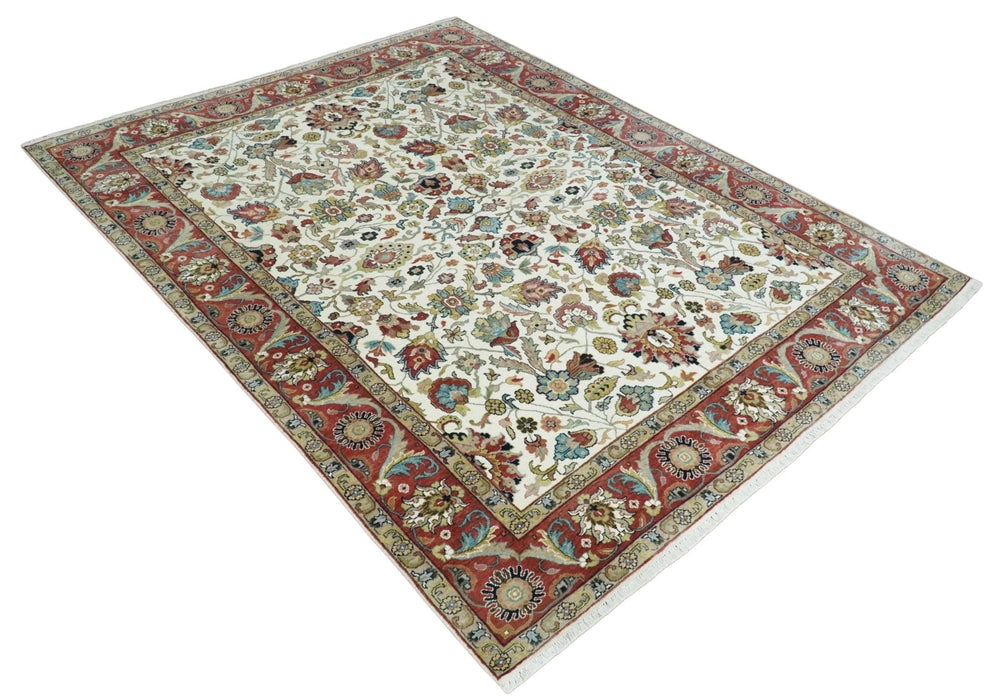 Fine Knots Ivory and Brown 8x10 and 9x12 Hand knotted Traditional Floral Wool Area Rug