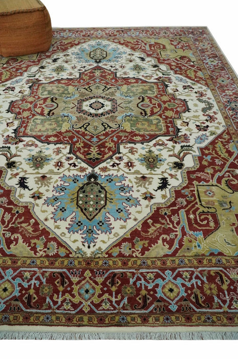 Fine Knots Red, Ivory and Olive 8x10 Hand knotted Traditional Wool Area Rug,