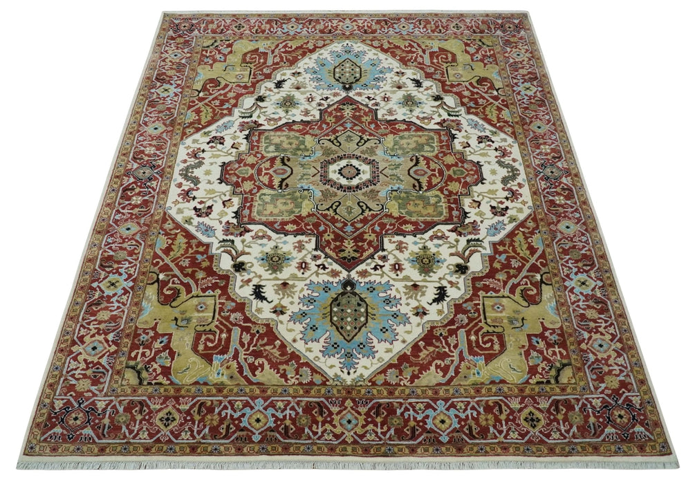 Fine Knots Red, Ivory and Olive 8x10 Hand knotted Traditional Wool Area Rug,