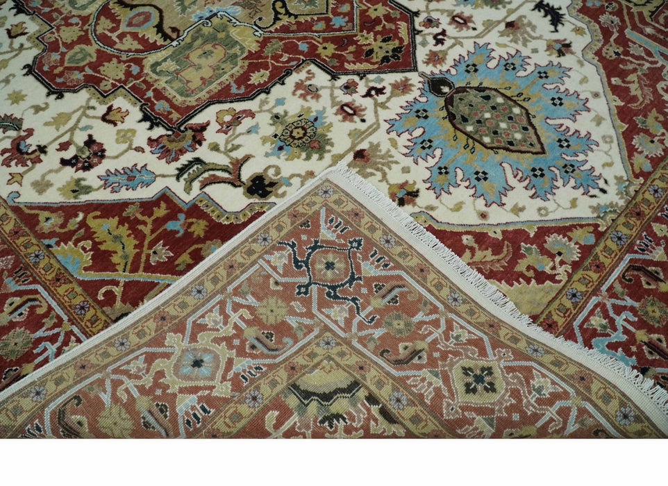 Fine Knots Red, Ivory and Olive 8x10 Hand knotted Traditional Wool Area Rug,