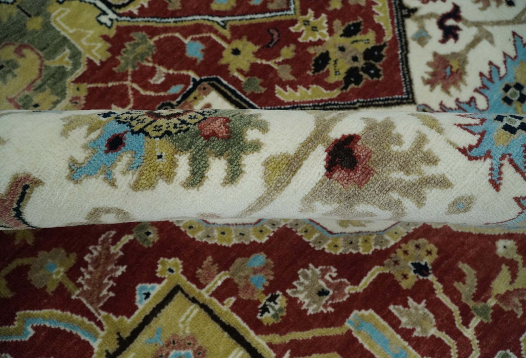 Fine Knots Red, Ivory and Olive 8x10 Hand knotted Traditional Wool Area Rug,