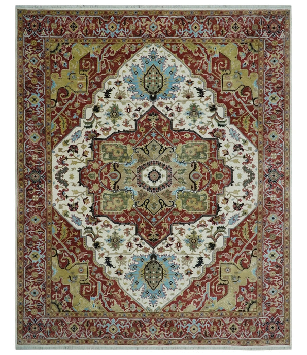 Fine Knots Red, Ivory and Olive 8x10 Hand knotted Traditional Wool Area Rug,