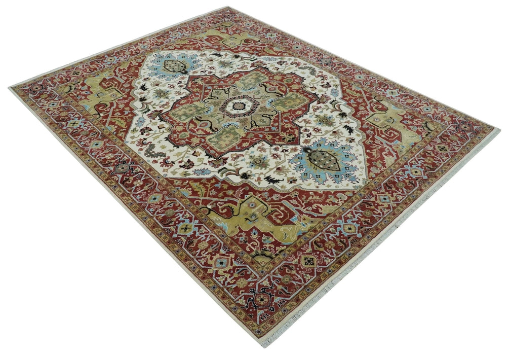 Fine Knots Red, Ivory and Olive 8x10 Hand knotted Traditional Wool Area Rug,