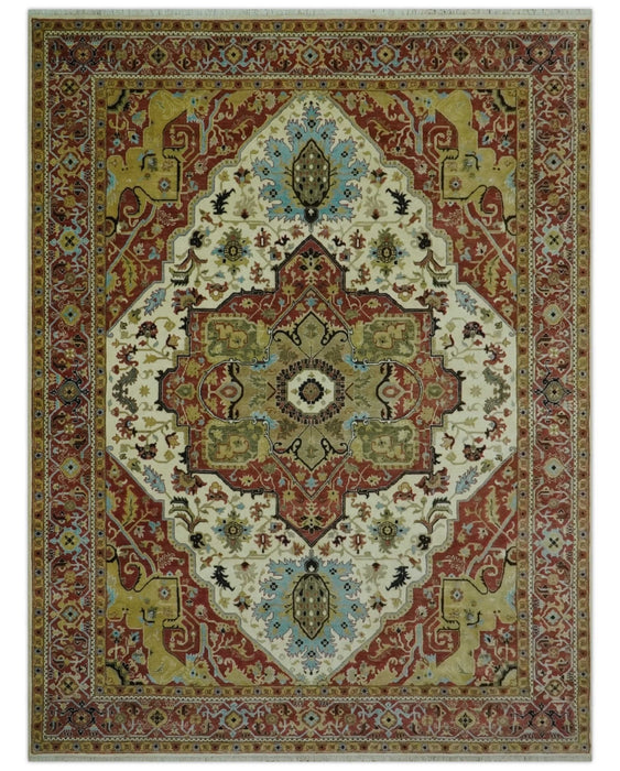 Fine Knots Red, Ivory and Olive 8x10 Hand knotted Traditional Wool Area Rug,