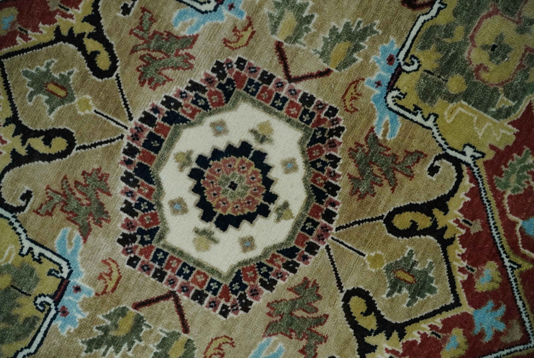 Fine Knots Red, Ivory and Olive 8x10 Hand knotted Traditional Wool Area Rug,