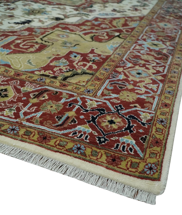 Fine Knots Red, Ivory and Olive 8x10 Hand knotted Traditional Wool Area Rug,
