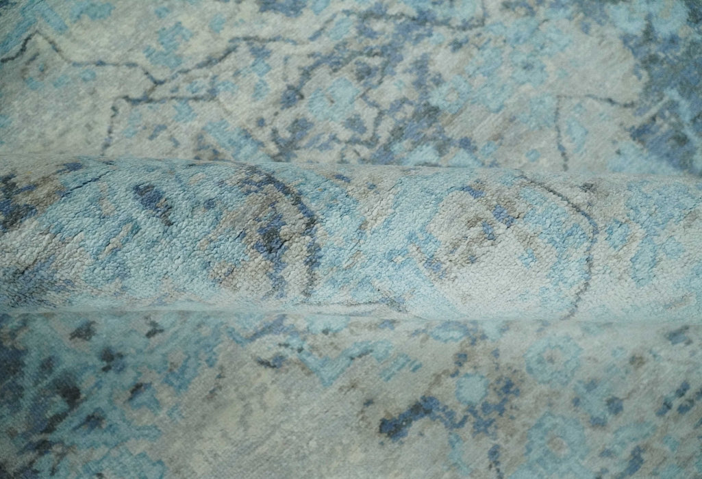 Fine Real Silk 8x10 Hand Knotted Aqua, Camel and Charcoal Antique Traditional Rug