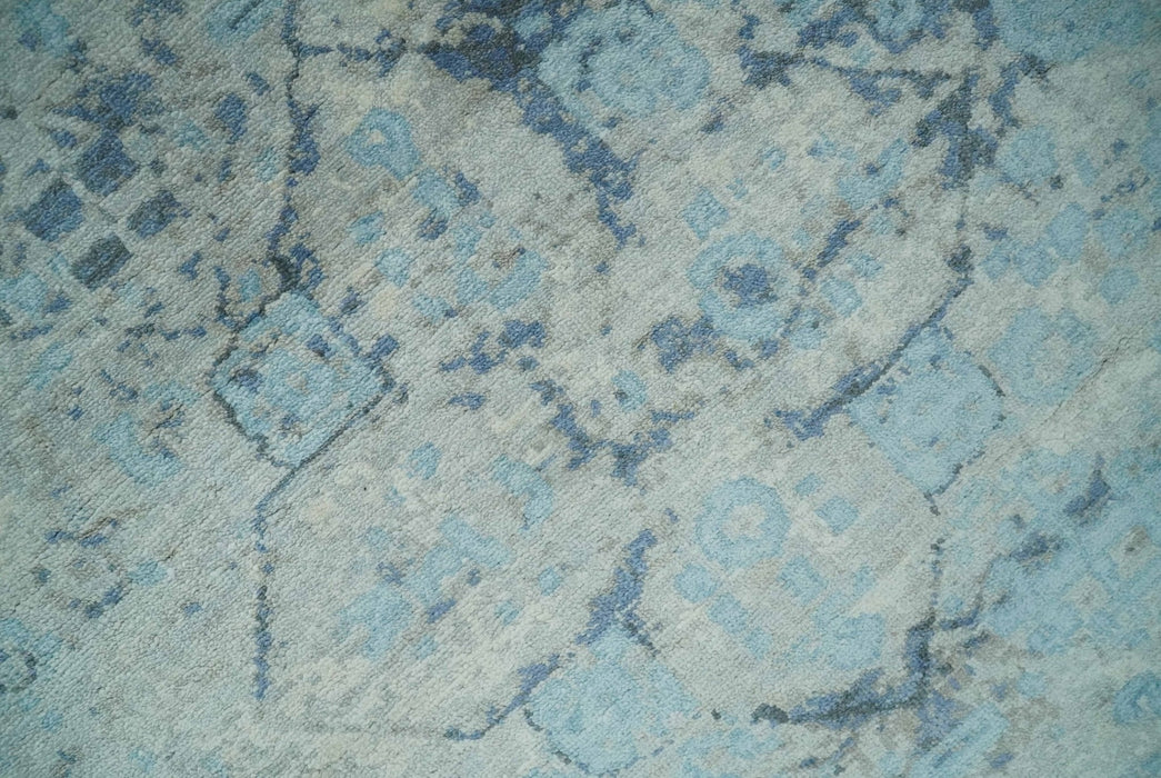 Fine Real Silk 8x10 Hand Knotted Aqua, Camel and Charcoal Antique Traditional Rug