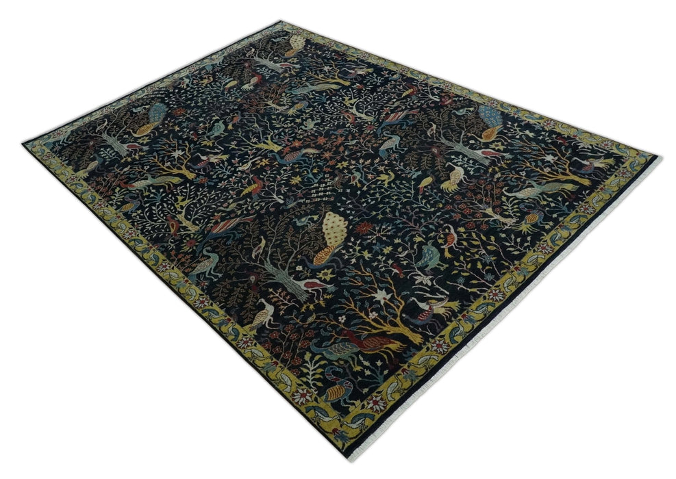 Fine The Jungle Life Peacock on tree Rug 8x10, 9x12 Hand Knotted Black and Mustard Wool Rug