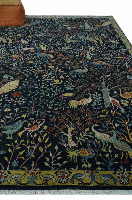 Fine The Jungle Life Peacock on tree Rug 8x10, 9x12 Hand Knotted Black and Mustard Wool Rug