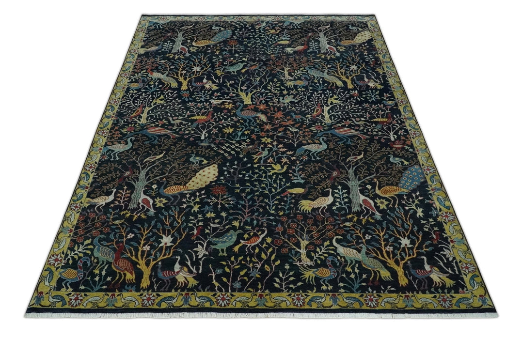 Fine The Jungle Life Peacock on tree Rug 8x10, 9x12 Hand Knotted Black and Mustard Wool Rug