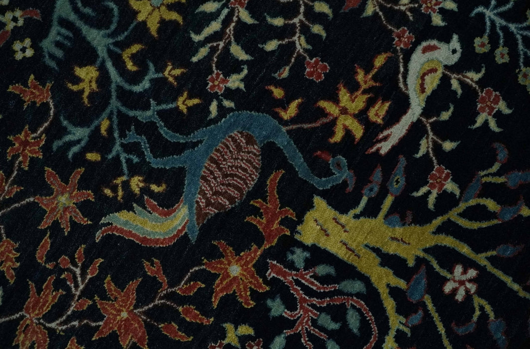 Fine The Jungle Life Peacock on tree Rug 8x10, 9x12 Hand Knotted Black and Mustard Wool Rug