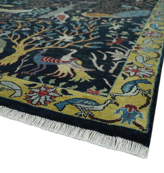 Fine The Jungle Life Peacock on tree Rug 8x10, 9x12 Hand Knotted Black and Mustard Wool Rug