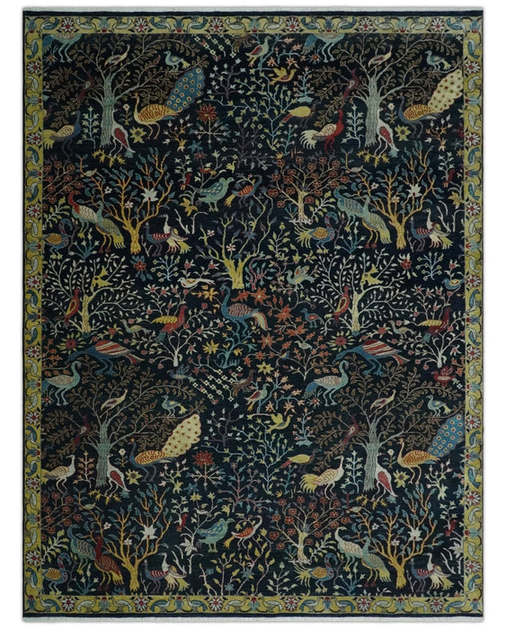 Fine The Jungle Life Peacock on tree Rug 8x10, 9x12 Hand Knotted Black and Mustard Wool Rug
