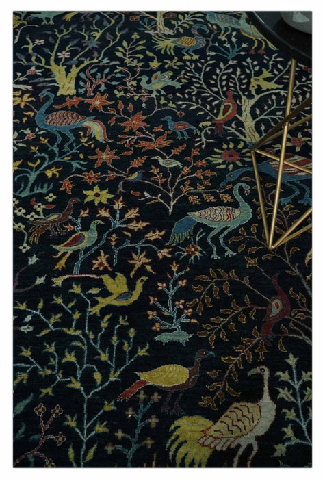 Fine The Jungle Life Peacock on tree Rug 8x10, 9x12 Hand Knotted Black and Mustard Wool Rug