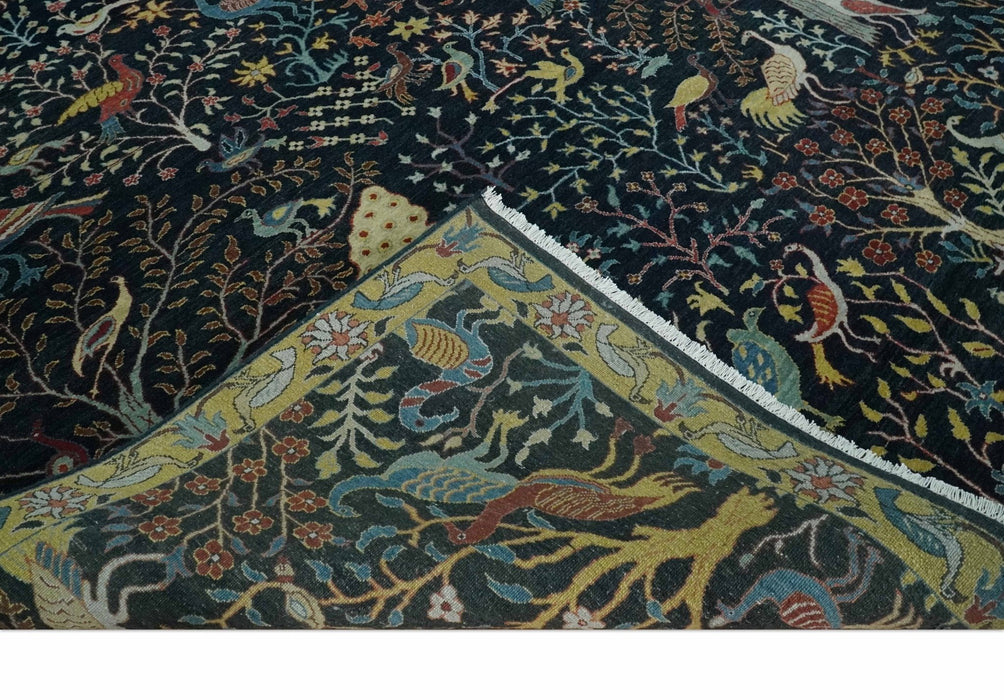 Fine The Jungle Life Peacock on tree Rug 8x10, 9x12 Hand Knotted Black and Mustard Wool Rug