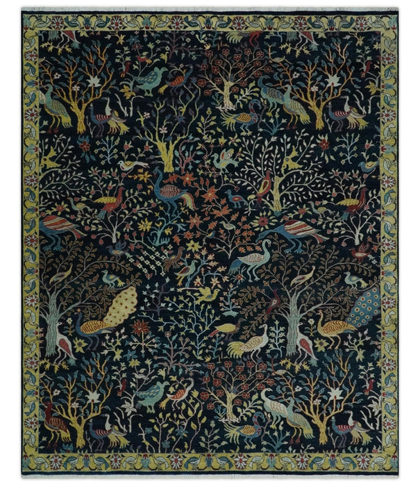 Fine The Jungle Life Peacock on tree Rug 8x10, 9x12 Hand Knotted Black and Mustard Wool Rug