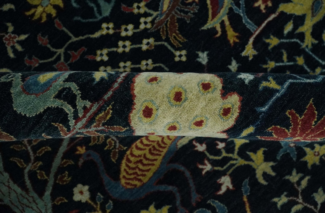 Fine The Jungle Life Peacock on tree Rug 8x10, 9x12 Hand Knotted Black and Mustard Wool Rug