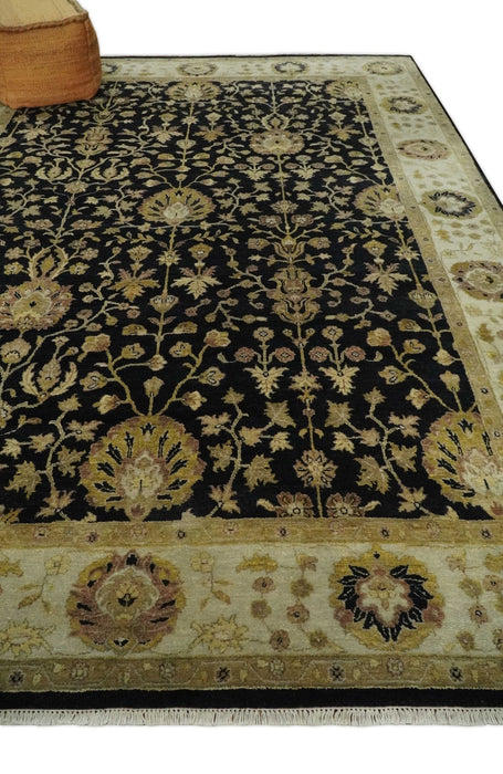Fine Vintage Style Traditional Black, Olive and Beige Turkish Hand knotted wool Area Rug