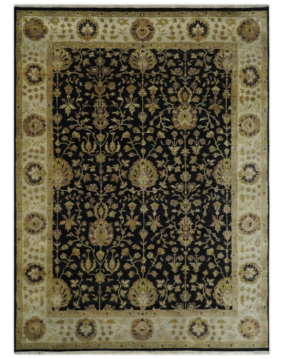 Fine Vintage Style Traditional Black, Olive and Beige Turkish Hand knotted wool Area Rug