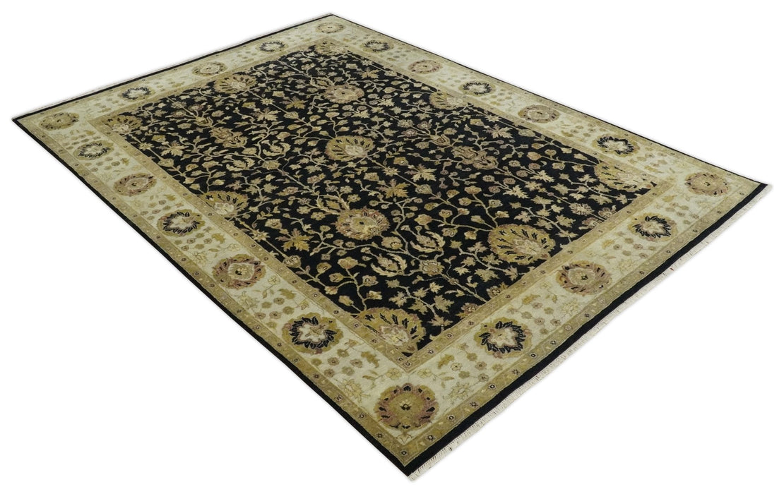 Fine Vintage Style Traditional Black, Olive and Beige Turkish Hand knotted wool Area Rug