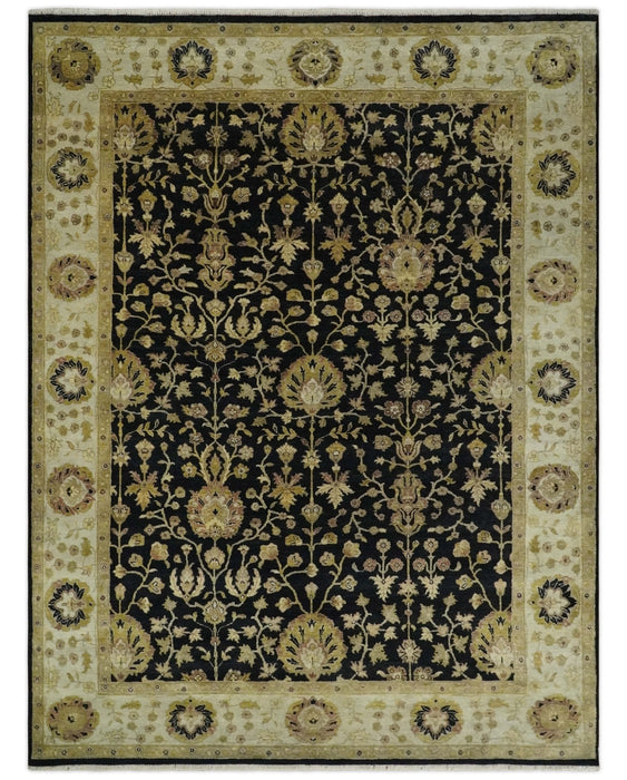 Fine Vintage Style Traditional Black, Olive and Beige Turkish Hand knotted wool Area Rug