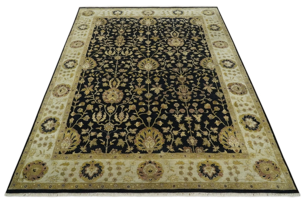 Fine Vintage Style Traditional Black, Olive and Beige Turkish Hand knotted wool Area Rug