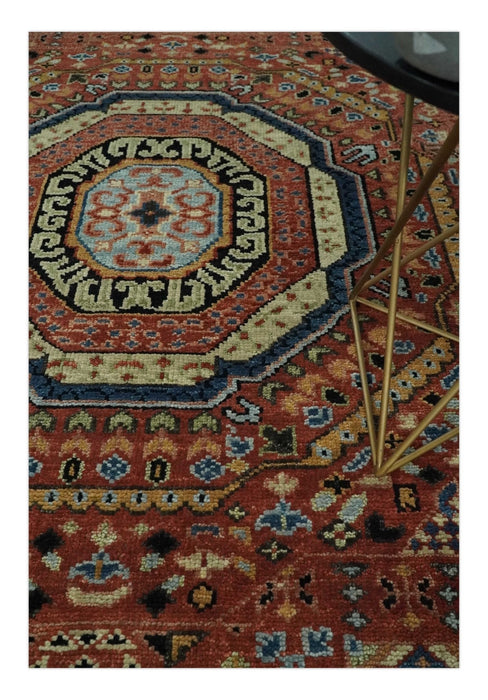Fine Wool Hand Knotted Kazak Medallion Red and Black Traditional Rug