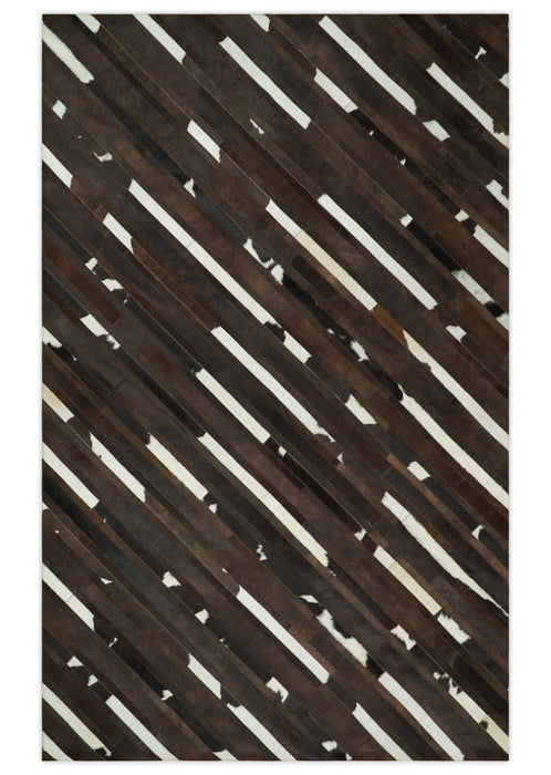Flatweave Hairon Genuine Leather 5x8, 8x10 and 9x12 Brown Tan and Ivory Area Rug | LR16