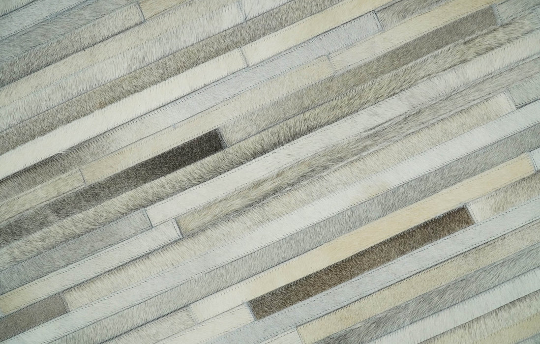 Flatweave Hairon Genuine Leather 5x8, 8x10 and 9x12 Stripe Design Beige and Ivory Area Rug | LR18