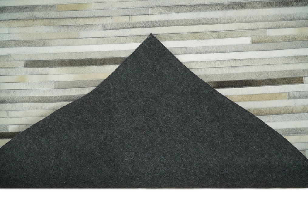 Flatweave Hairon Genuine Leather 5x8, 8x10 and 9x12 Stripe Design Beige and Ivory Area Rug | LR18