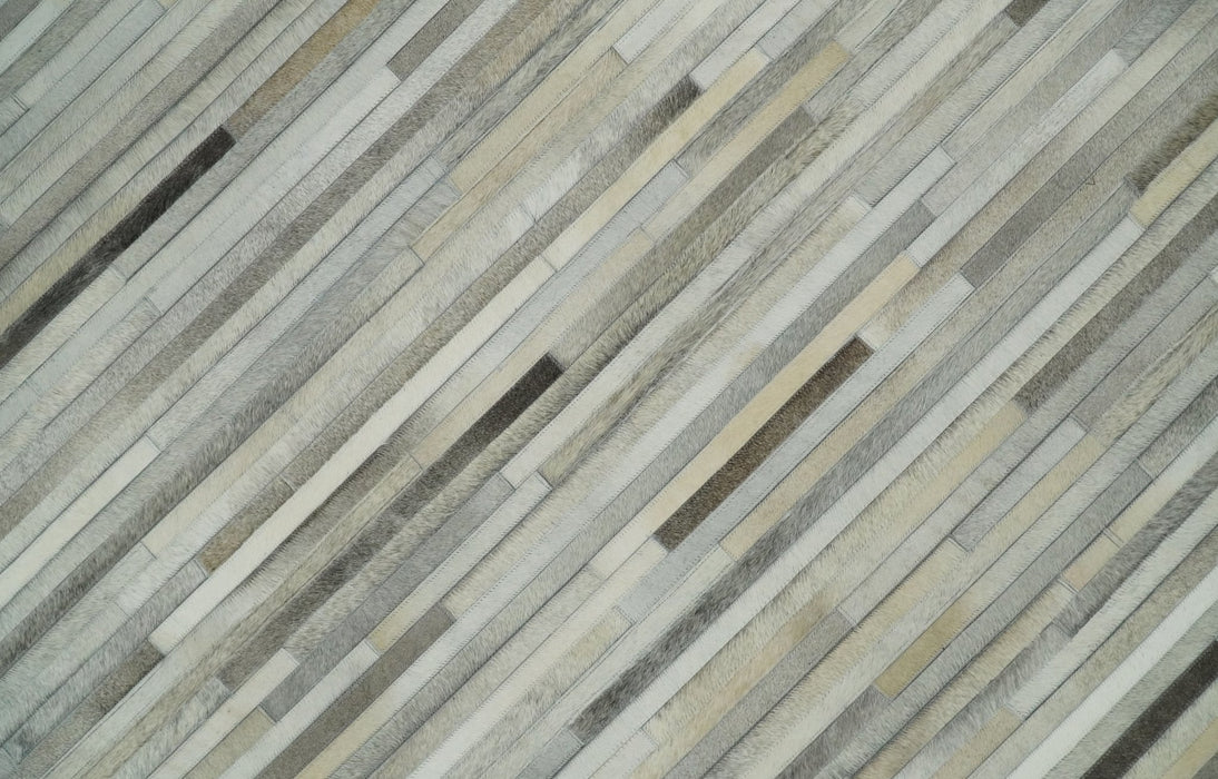 Flatweave Hairon Genuine Leather 5x8, 8x10 and 9x12 Stripe Design Beige and Ivory Area Rug | LR18
