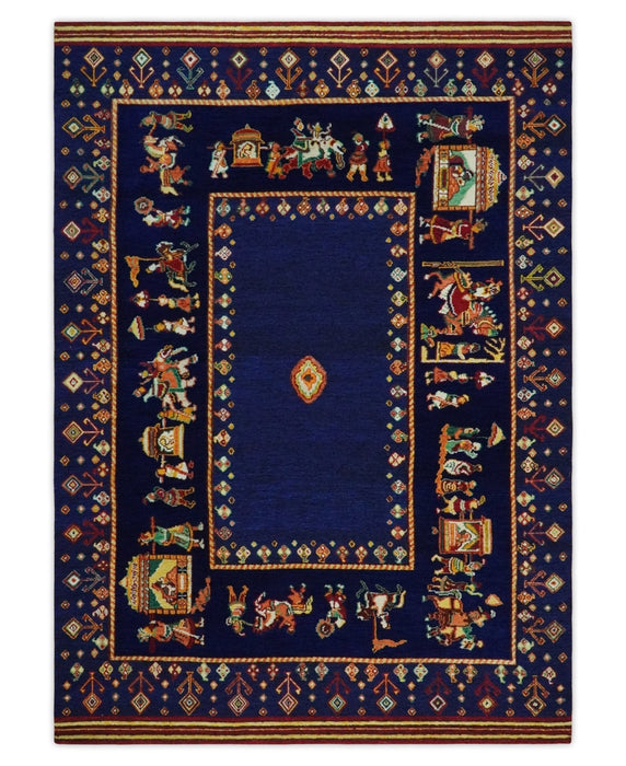 Flatwoven 5x7 Navy Blue Indian Wedding Soumak Rug, Hand Spun Wool Rug | KNT40