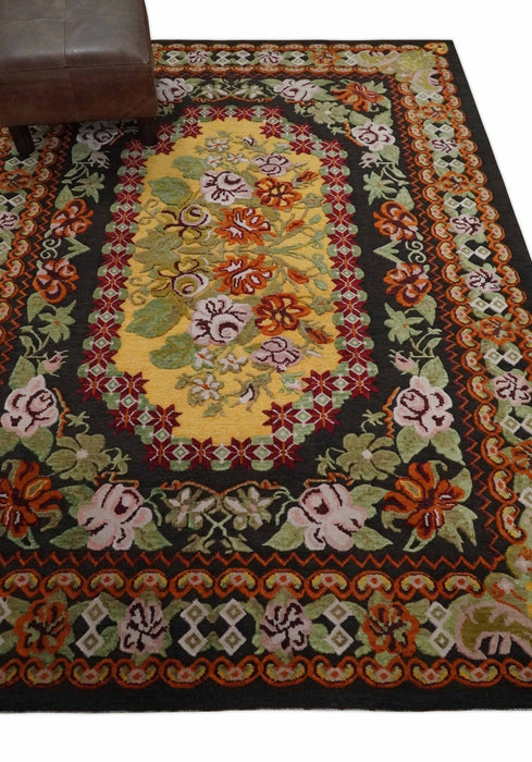 5x7 Flatwoven Soumak Black, Yellow, Green and Gold Flower Wool Hand Woven Antique Design Rug | KNT39