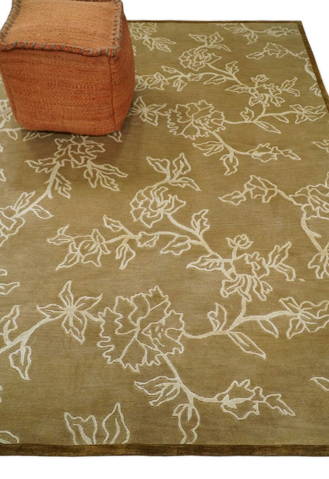 Contemporary Floral 6x8 Brown and Ivory Wool Hand Woven Rug | HL6