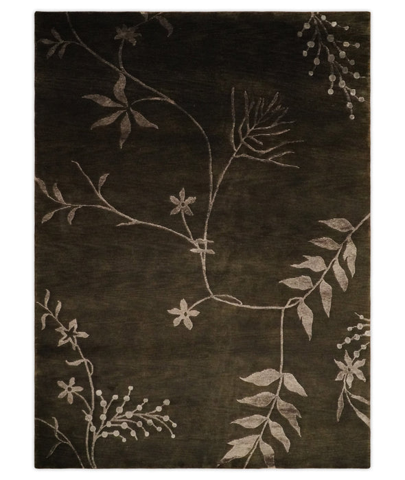 Floral 6x8 Dark Brown and Copper Wool and Silk Hand Woven Rug | HL7