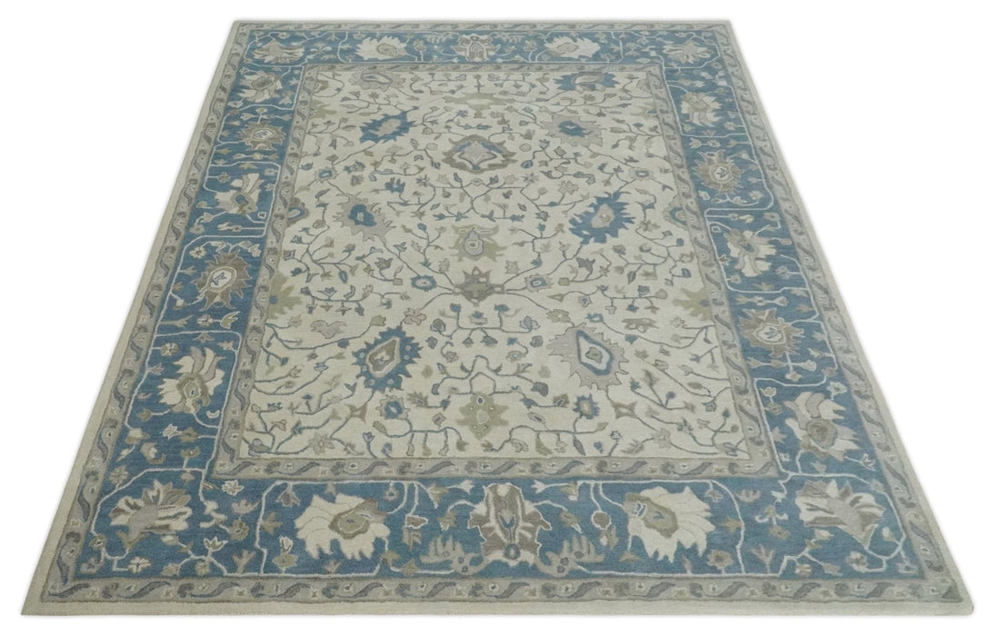 Floral 8x10 Hand Tufted Beige and Blue Modern Oushak Rug