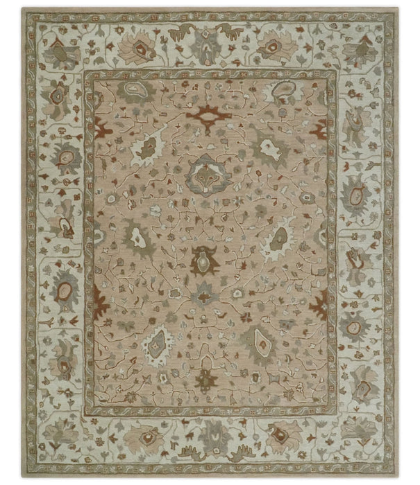 Floral 8x10 Hand Tufted Peach, Ivory and Olive Modern Oushak Rug