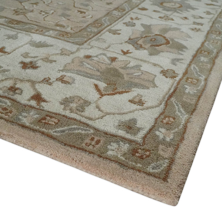 Floral 8x10 Hand Tufted Peach, Ivory and Olive Modern Oushak Rug