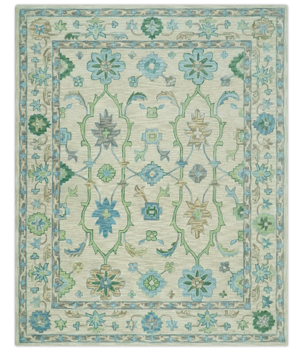 Floral Beige, Gray, Blue and Green Oriental Oushak Hand Tufted 8x10 wool Area rug