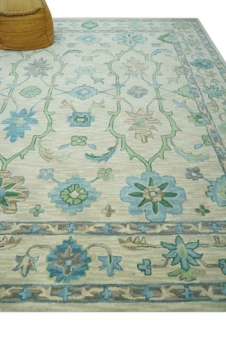 Floral Beige, Gray, Blue and Green Oriental Oushak Hand Tufted Custom Made wool Area rug