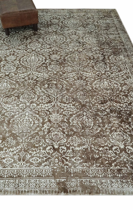 Floral Brown and Ivory Traditional Ikat Large Design 5.6x8 Hand loom Viscose Area Rug