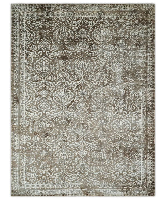 Floral Brown and Ivory Traditional Ikat Large Design 5.6x8 Hand loom Viscose Area Rug