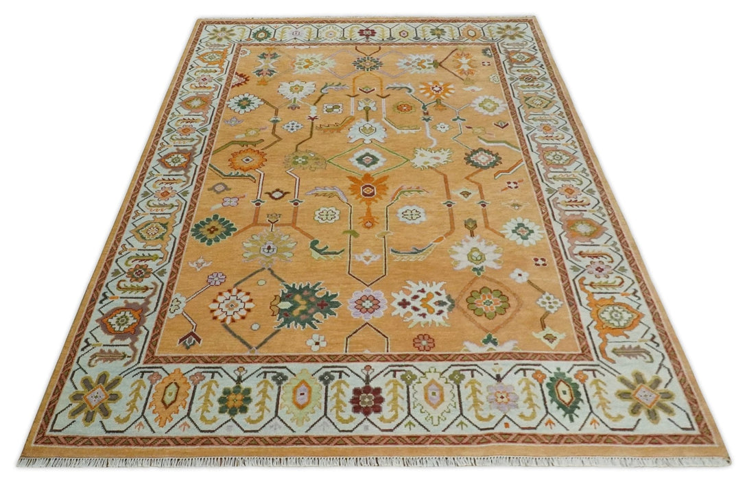 Floral Dark Peach and Ivory Hand knotted 8x10 and 9x12 wool Area Rug
