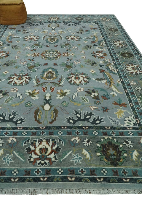 Floral Gray, Ivory, Brown and Green Hand Knotted Traditional Oushak 9x12 wool Rug