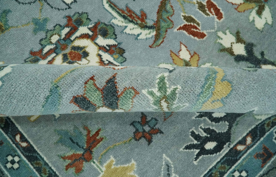 Floral Gray, Ivory, Brown and Green Hand Knotted Traditional Oushak 9x12 wool Rug