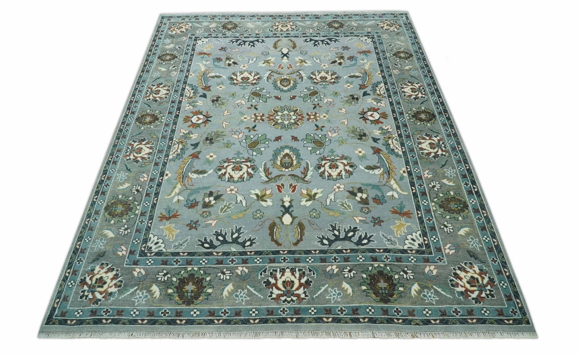 Floral Gray, Ivory, Brown and Green Hand Knotted Traditional Oushak 9x12 wool Rug