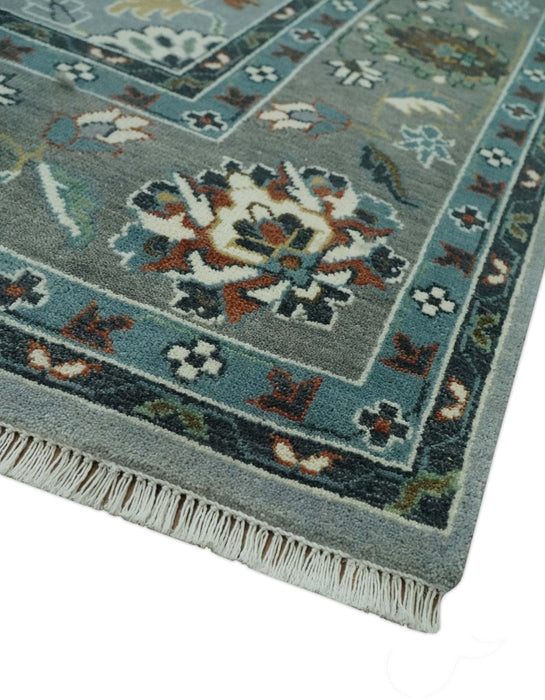 Floral Gray, Ivory, Brown and Green Hand Knotted Traditional Oushak 9x12 wool Rug