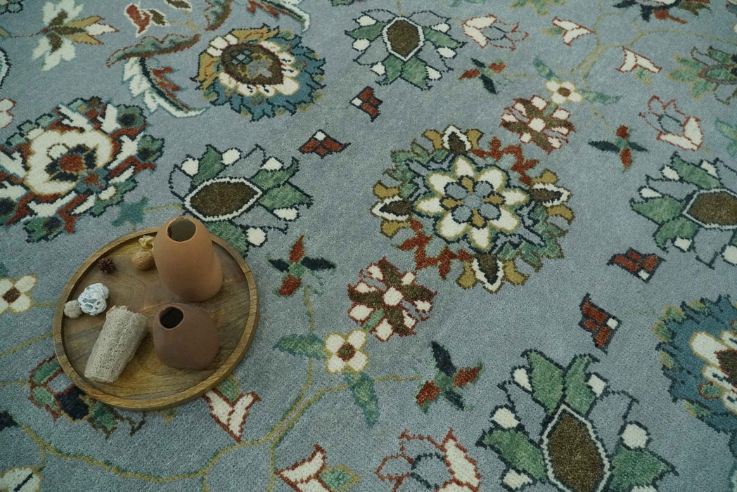 Floral Gray, Ivory, Brown and Green Hand Knotted Traditional Oushak 9x12 wool Rug